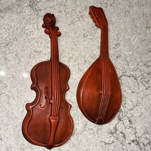 Vintage MCM Mandolin & Violin Red Royal Cast Iron Hanging Decor Music Instrument